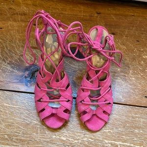 Pink suede lace up heels